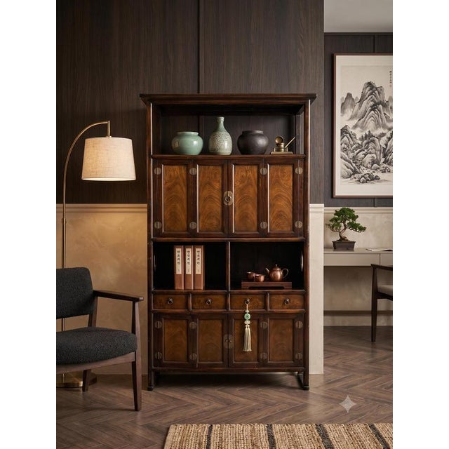 A spectacular and highly sophisticated example of late Joseon Dynasty Korean furniture design, this multi-tiered cabinet...