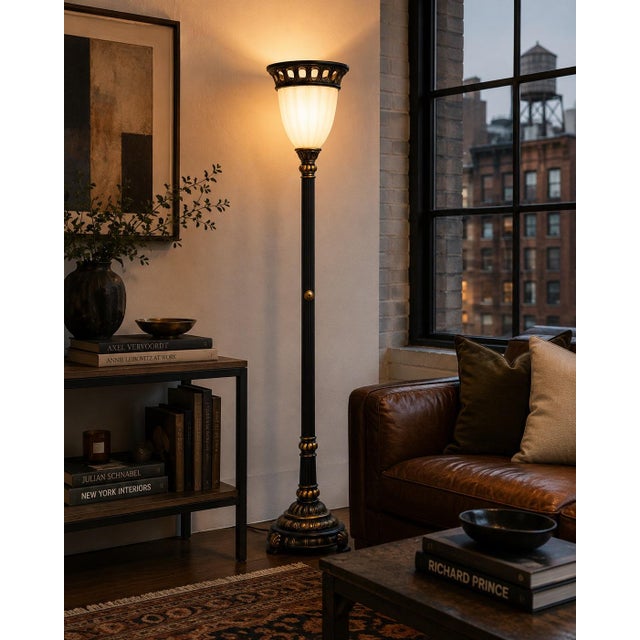 Black & Gold Neoclassical Torchiere Floor Lamp with Frosted Fluted Shade A dramatic neoclassical torchiere floor lamp...