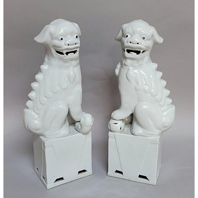 Pair of Large Vintage Chinese Blanc De Chine Foo Dogs, Guardian Lions With Cub & Ball For Sale - Image 4 of 11