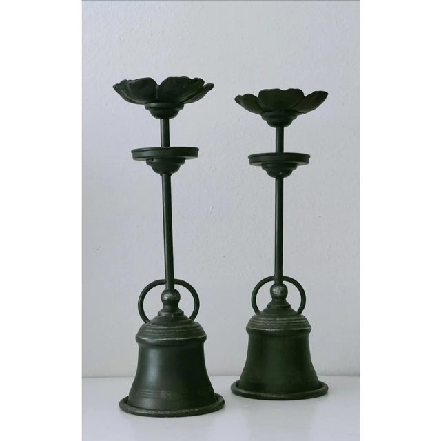 Metal Vintage Wrought Iron Tall Sculptural Flower Shaped Candle Holder ~ Pair For Sale - Image 7 of 10