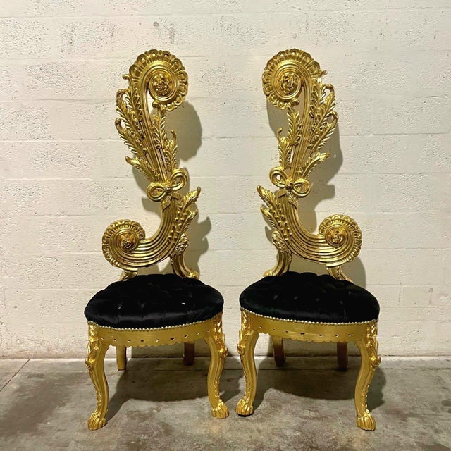 1990s Italian Baroque Chair – High Back Black & Gold Leaf Details For Sale - Image 4 of 6