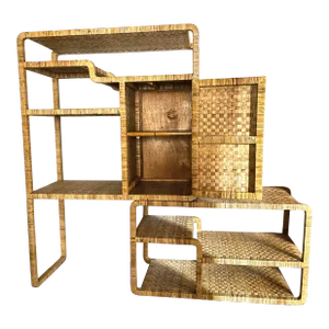 Milo Baughman Style Woven Rattan Etagere / Desk