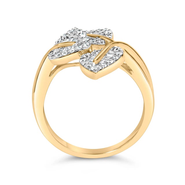 Early 21st Century 18K Yellow Gold Plated .925 Sterling Silver 1/2 Cttw Baguette and Round Diamond Bypass Triple Leaf R For Sale - Image 5 of 7