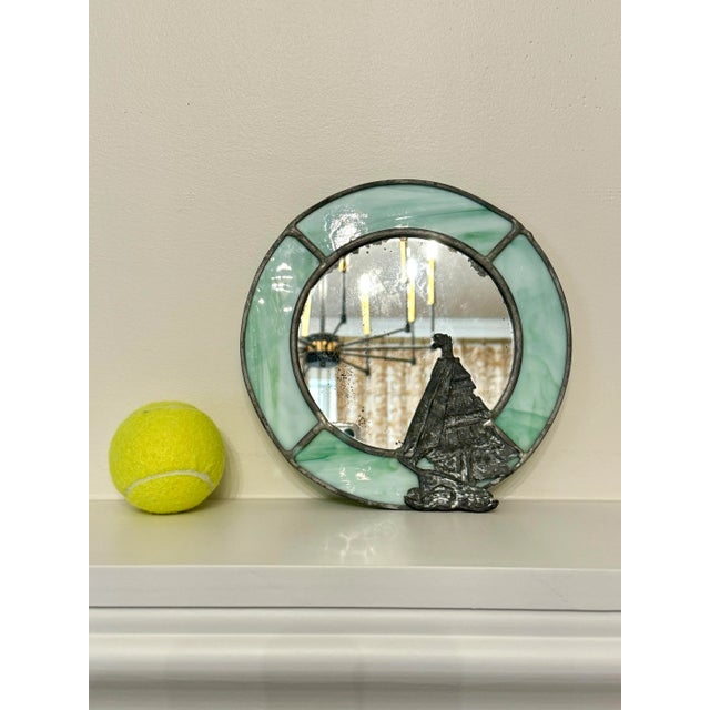 Metal Vintage Coastal Stained Glass & Pewter Finish Ship Accent Mirror For Sale - Image 7 of 11