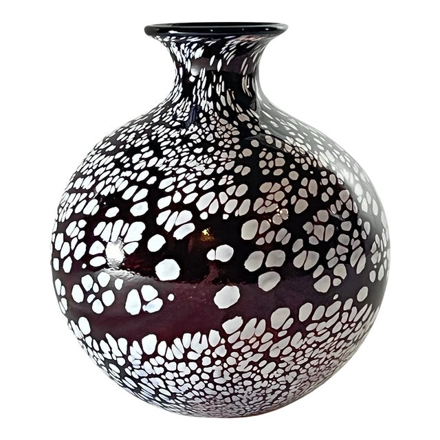 Vintage Murano Style Dark Purple White Confetti Speckled Hand Blown Art Glass Vase For Sale