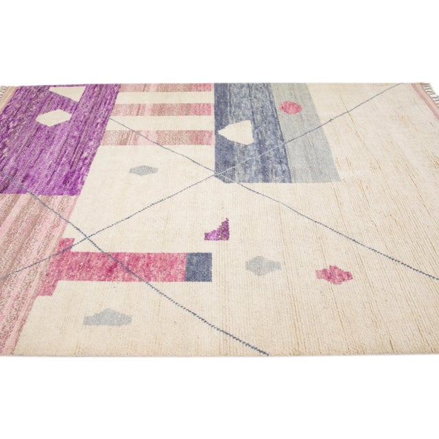 Purple 7 X 10 Modern Moroccan Tribal Handmade Wool Rug in Beige and Purple For Sale - Image 8 of 10