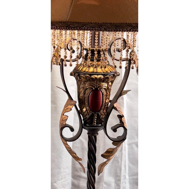 Hollywood Regency 1990s Pair of Hollywood Regency Beaded Table Lamps With Custom Fringe Shades – Gilt & Bronze Finish For Sale - Image 3 of 8