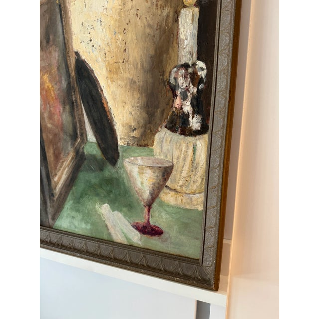 Antonia J. Greene Still Life With Painting, Glass, and Candle, 1930s Oil on Board, Framed For Sale - Image 4 of 12