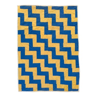 Vintage 1940s Streak of Lightning Cotton Quilt - Blue and Yellow Staircase Geometric Stepped Pattern - 77" X 57" For Sale