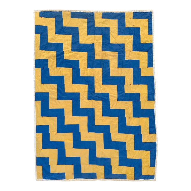 Vintage 1940s Streak of Lightning Cotton Quilt - Blue and Yellow Staircase Geometric Stepped Pattern - 77" X 57" For Sale
