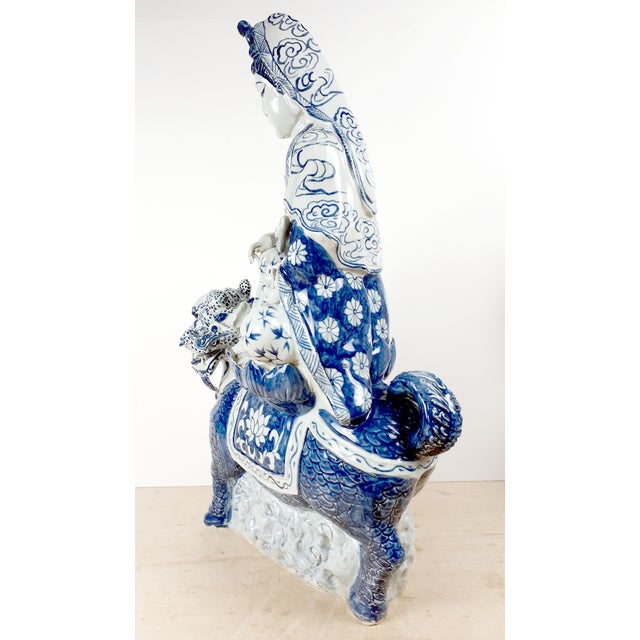 Chinese Blue and White Porcelain Seated Kuan Yin on a Qilin For Sale - Image 4 of 15