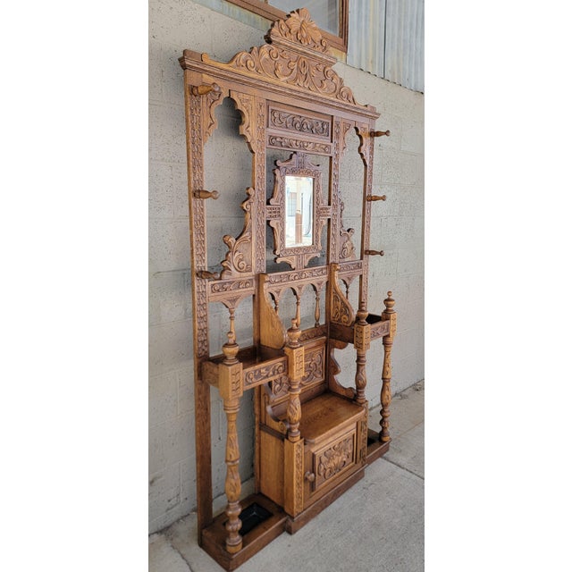 Antique Hall Tree Carved Oak Victorian Gothic Revival Ca. 1895-1915 For Sale - Image 16 of 18