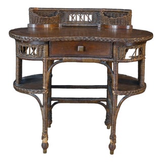 Antique American Quartersawn Oak & Wicker Kidney Writing Desk Dressing Table For Sale
