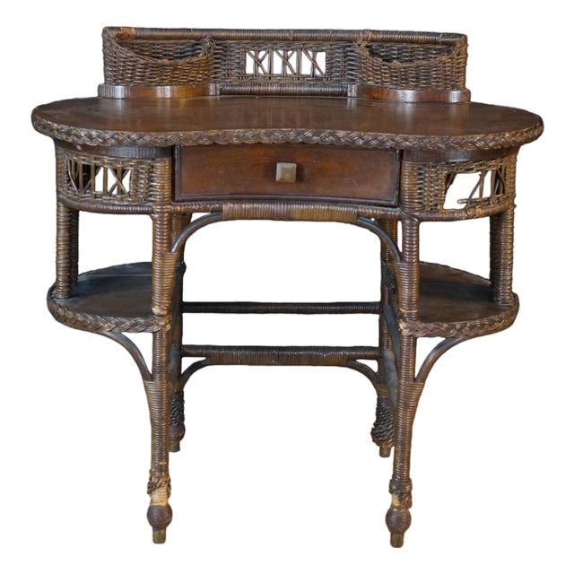 Antique American Quartersawn Oak & Wicker Kidney Writing Desk Dressing Table For Sale