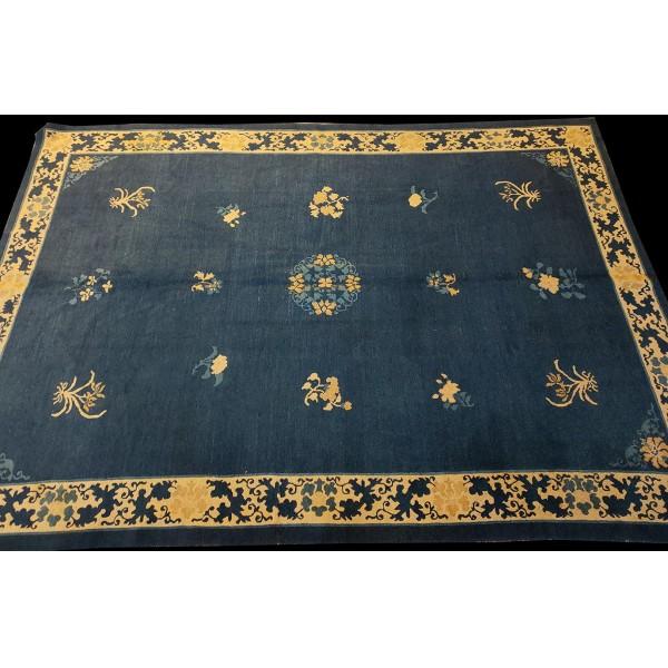 Antique Hand Knotted Pile Rectangle Wool Floral Medallion Deco 1930s Blue Rug For Sale - Image 4 of 8
