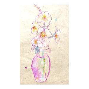 "Vase of Hollyhocks" Contemporary Ink Painting on Rice Paper by Martha Holden..