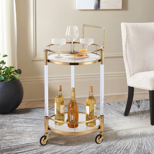 Metal Pasargad Home Crystallin 2-Tier Bar Cart With Gold Accents & Wheels For Sale - Image 7 of 8