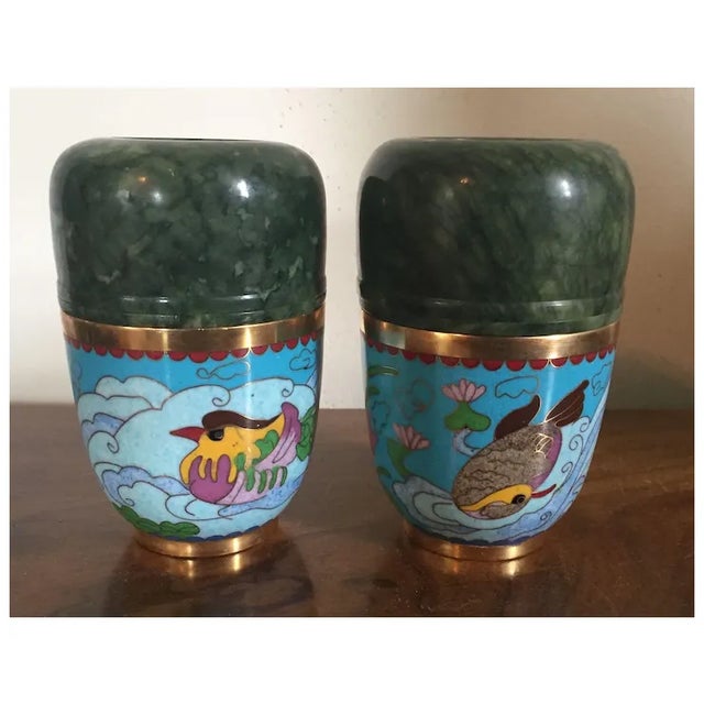Chinese Jadeite Cups or Boxes & Covers Mounted With Cloisonne Exterior Decorated With Birds & Fish - a Pair For Sale - Image 10 of 11