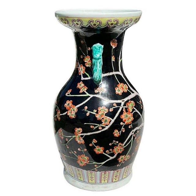 Chinoiserie Chinoiserie Famille Noire Black Dragon Vase With Pink and Green Floral Motif For Sale - Image 3 of 6