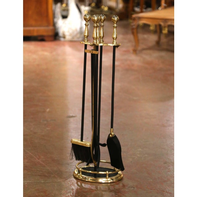 Mid-Century French Louis XVI Style Brass and Iron Fireplace Tool Set For Sale In Dallas - Image 6 of 7