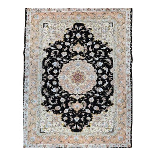 Fine Persian Tabriz Rug, Hand-Knotted Wool & Silk, Floral Pattern, Black & Ivory, 7x10 For Sale