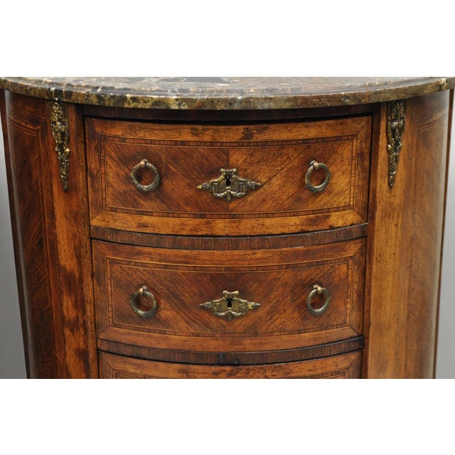Antique French Louis XV Style Demilune Marble Top 4 Drawer Nightstand Table Pair For Sale - Image 16 of 18