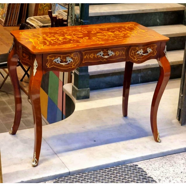 French Elegant French Writing Desk – Ornate Brown Wood With Gold Leaf Details For Sale - Image 3 of 3