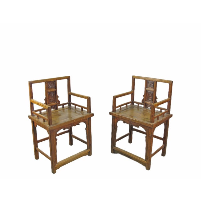 Chinese Hand Carved Back Chinese Antique Arm Chairs - Set of 2 For Sale - Image 3 of 12