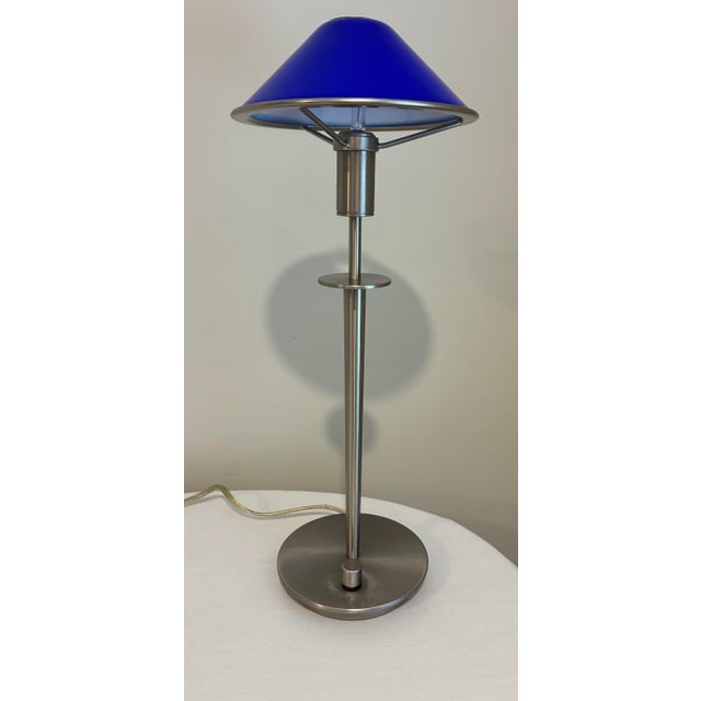 Postmodern German Holtkötter Satin Nickel & Cobalt Blue Glass Desk Lamp For Sale - Image 11 of 12