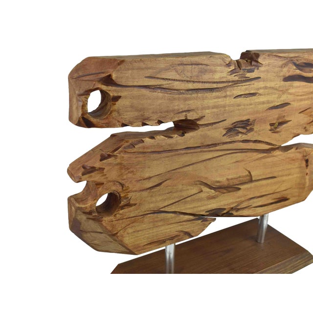 Brown Contemporary Hand-Carved Abstract Wood Sculpture on Metal & Wood Pedestal Base For Sale - Image 8 of 12