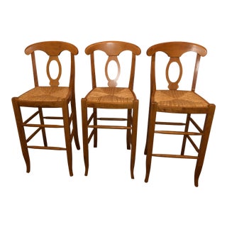 Comfortable Pottery Barn Farmhouse Bar Height Stools - Set of 3 For Sale
