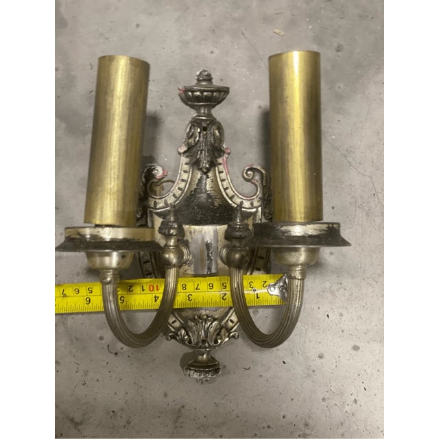 Metal Antique Neoclassical Urn Style Brass Double Wall Sconce for Repair For Sale - Image 7 of 9