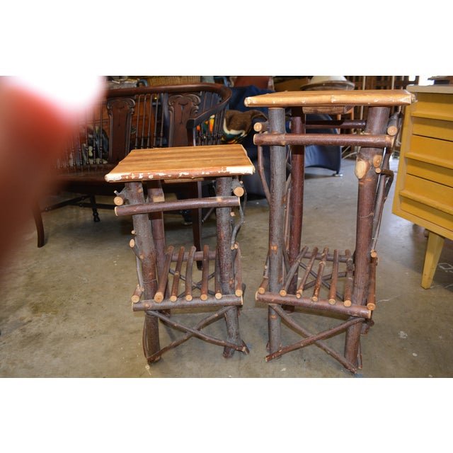 1980s Pair Adirondack Style Hand Crafted Twig Log Wood Plant Stands or End Tables For Sale - Image 6 of 17