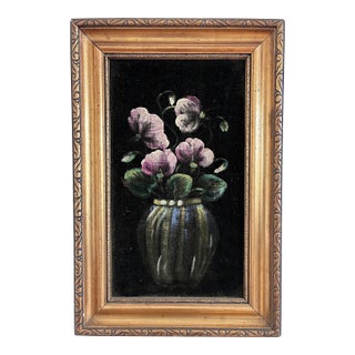Vintage Original Velvet Flower Oil Painting, Pink Flower Still Life Art For Sale