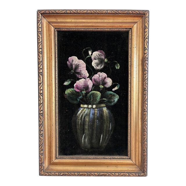 Vintage Original Velvet Flower Oil Painting, Pink Flower Still Life Art For Sale