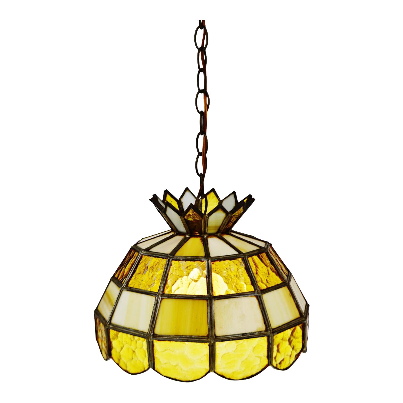 Mid Century Stained Glass Amber and Ivory Glass Pendant Chandelier