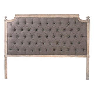 Louis Tufted Headboard, Queen in Eggplant Brown Linen with Limed Oak Frame For Sale