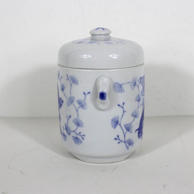 Small Vintage Chinoiserie Asian Koi Fish Canister Lidded Jar or Pot, Ceramic With Lid Blue and White For Sale - Image 4 of 10