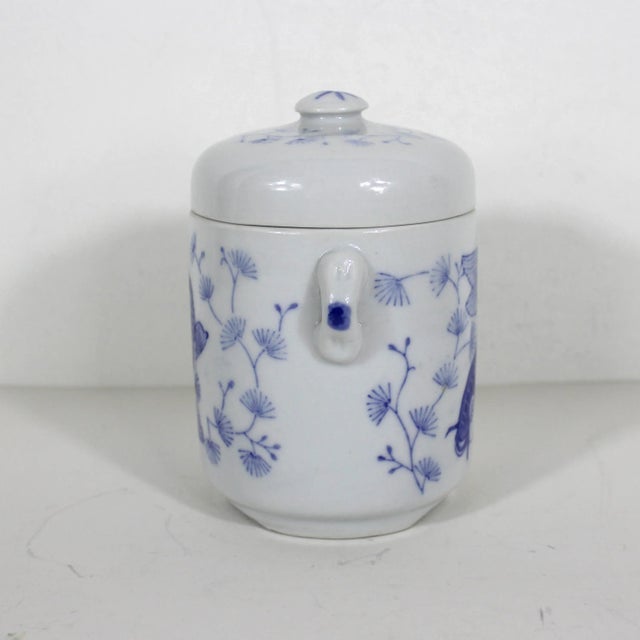 Vintage Chinoiserie Asian Koi Fish Canister Lidded Jar or Pot, Ceramic With Lid Blue and White For Sale - Image 4 of 10