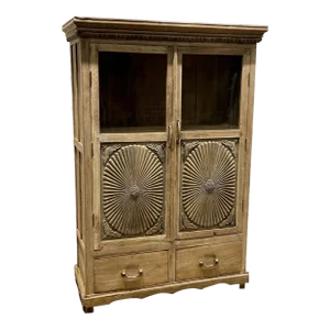 Antique Indian British Colonial Carved Teak Glass Door Bookcase Cabinet Storage Hln Jsgssvsvvf :Svssvf. Ss:f.