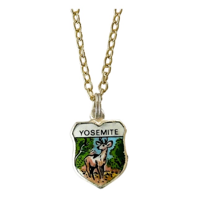 Mid 20th Century California Yosemite Fritz Reu Sterling Silver Enamel Vintage Charm on New 18 Inch Gold Filled Necklace For Sale