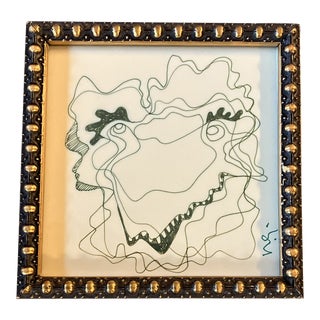 1980’s Original Wayne Cunningham Small Abstract Green Ink Drawing Vintage Tabletop Frame Signed For Sale