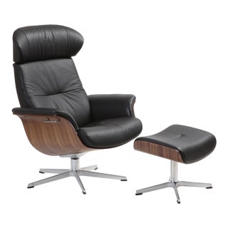 Mid-Century Modern Style Black Leather Reclining Lounge Chair & Ottoman For Sale