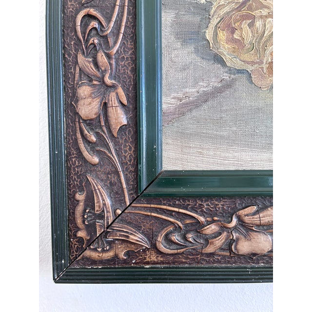 Yellow Antique Original Flower Oil Painting, Signed Yellow Roses Still Life Art For Sale - Image 8 of 16