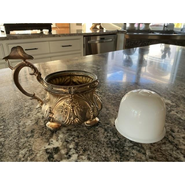 Lovely, heavy gilt bronze shaving mug with glass liner. Beautiful leafy design. Great, fancy look for your dressing table...