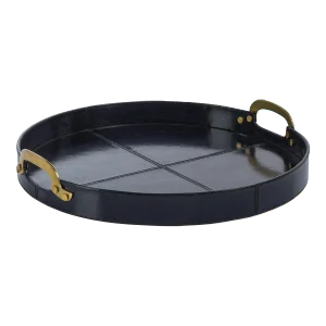 Harlow Leather with Brass Handles Round Tray, Blue