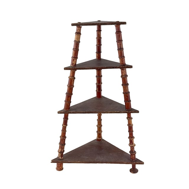 Farmhouse Antique 1920s 27" Tall Folk Art 4-Tier Wooden Spool Triangular Geometric Corner Shelf For Sale - Image 3 of 17
