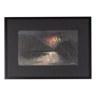 Fred Nömeier, Flusslandschaft Im Stimmungsvollen Licht Des Aufgehenden Mondes, Oil on Linen, Framed For Sale