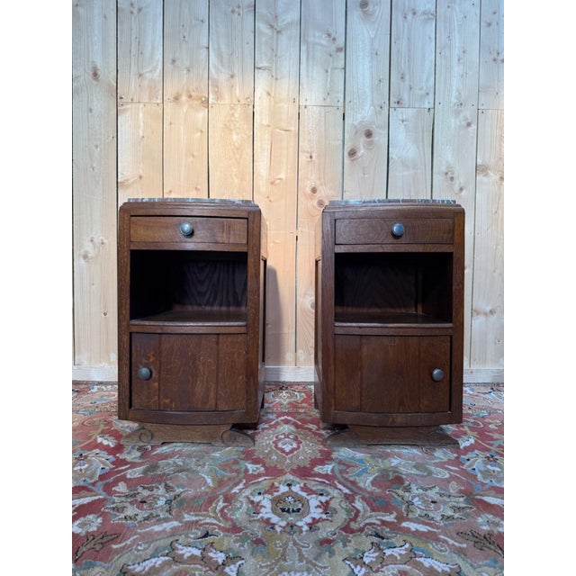 Metal Art Deco Bedside Tables in Oak and Marble, 1930s, Set of 2 For Sale - Image 7 of 7