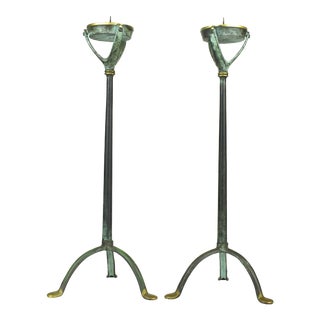 Late 20th Century Tall Tripod Brass Pricket Candlestick Pillar Candle Holders - a Pair For Sale